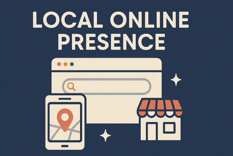 Digital illustration of the phrase 'Local Online Presence' above icons including a web browser search bar, smartphone with a location pin, and a storefront, all set on a dark blue background.