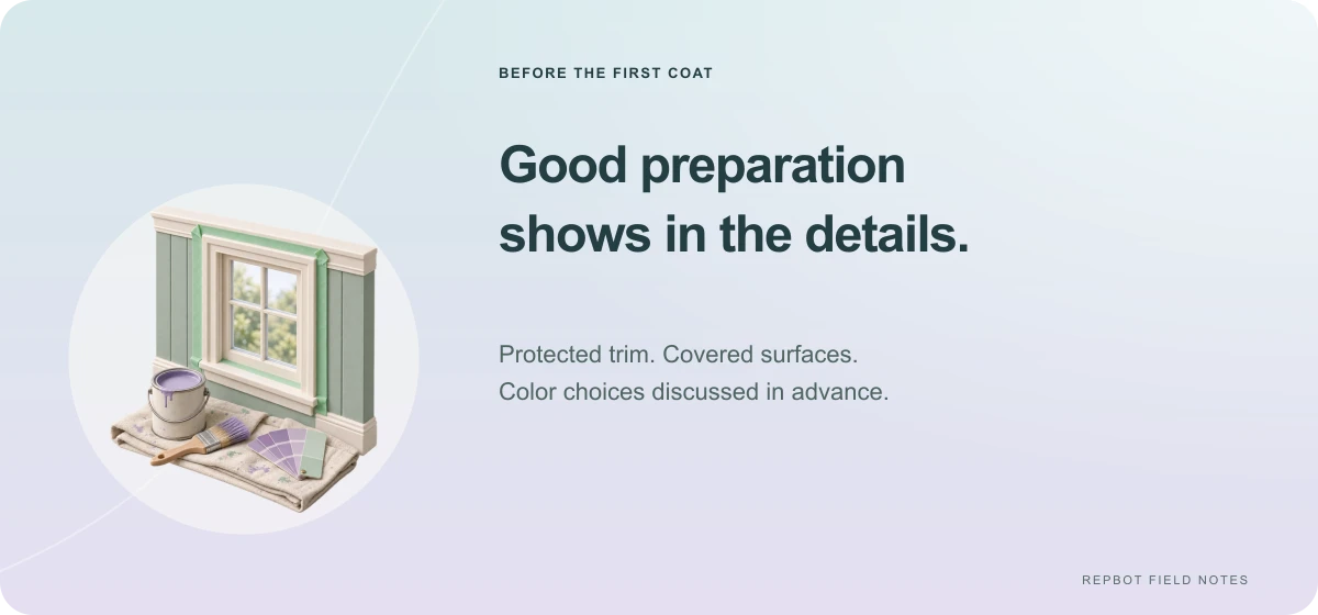 Good preparation shows in the details: protected trim, covered surfaces, and color choices discussed in advance. A miniature masked window and paint swatches illustrate careful preparation.