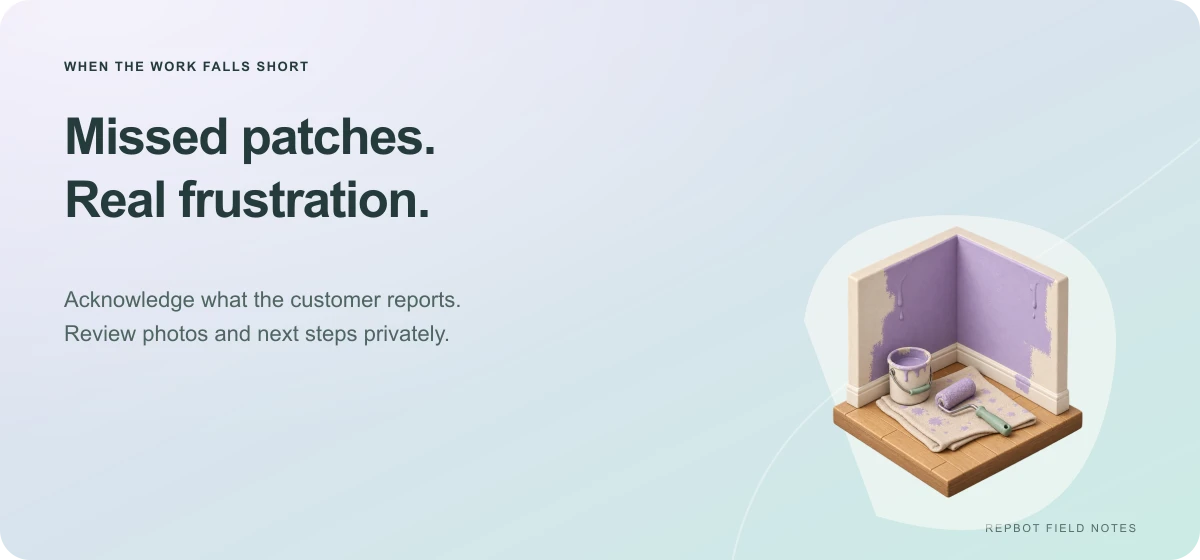 Missed patches. Real frustration. Acknowledge what the customer reports and review photos and next steps privately. A miniature patchy wall shows missed areas, drips, and paint on the trim.