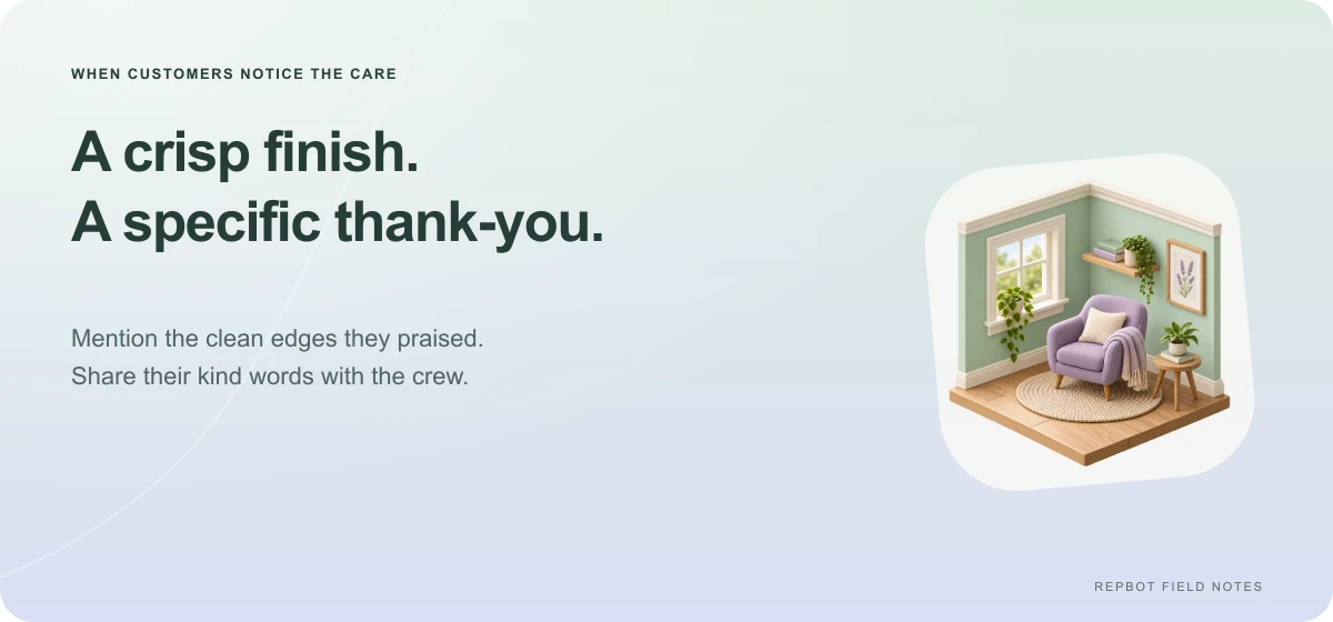 A crisp finish. A specific thank-you. Mention the clean edges they praised and share their kind words with the crew. A miniature finished mint room shows clean trim and a tidy floor.