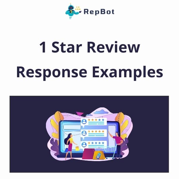 An illustration of two people analyzing a computer screen displaying a one-star review, with text above reading "RepBot 1 Star Review Response Examples".