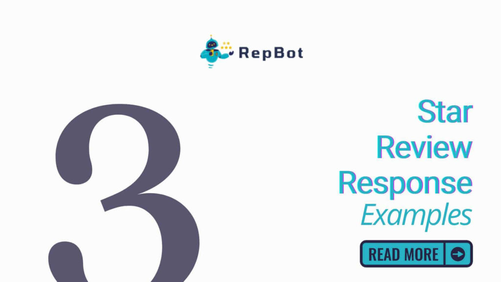 Promotional graphic for RepBot.ai featuring a large '3' with the text 'Star Review Response Examples' and a 'Read More' button
