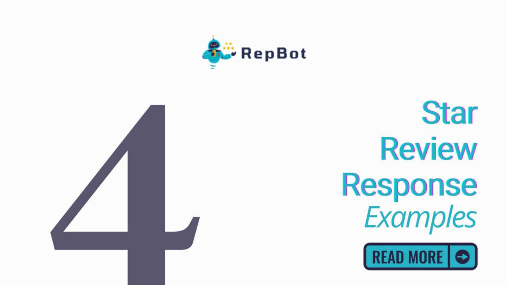 Promotional graphic for RepBot.ai featuring a large '4' with the text 'Star Review Response Examples' and a 'Read More' button