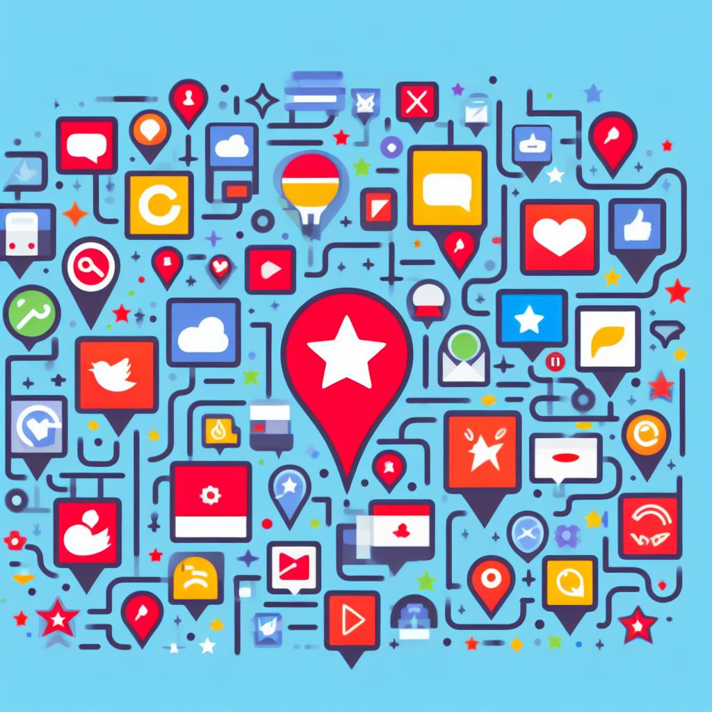 Colorful array of social media and communication icons interconnected by lines on a light blue background, centered around a large red location pin with a white star, depicting a network of online engagement and digital connectivity.