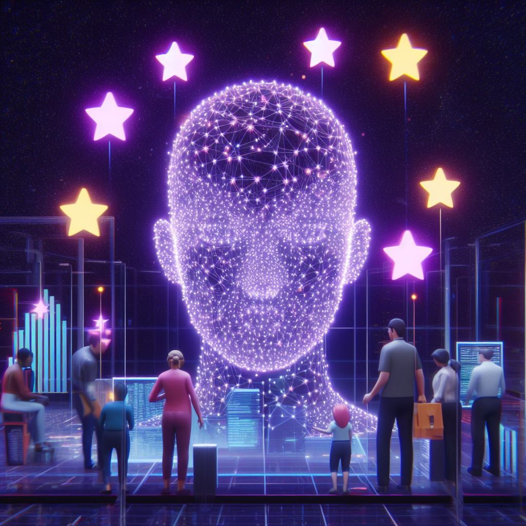 A group of people encircling a radiant head embellished with twinkling stars.