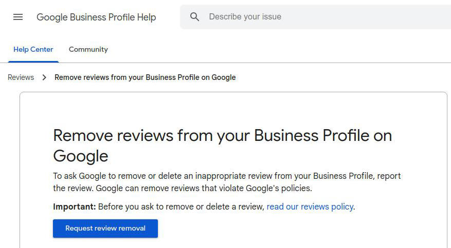 Webpage screennshot of Google's page"Remove reviews from your Business Profile on Google"