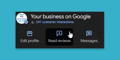 Google My Business dashboard highlighting the 'Read reviews' button with a hand cursor over it, indicating where to click to manage and reply to customer reviews.