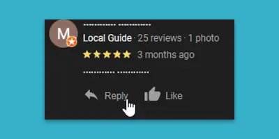 Cursor hovering over the 'Reply' button underneath a Google review left by a Local Guide with 25 reviews and 1 photo, rated with five stars, posted 3 months ago.