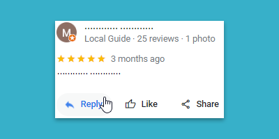 Screenshot of a new Google review with the option to reply, showing a 'Reply' link below the review.