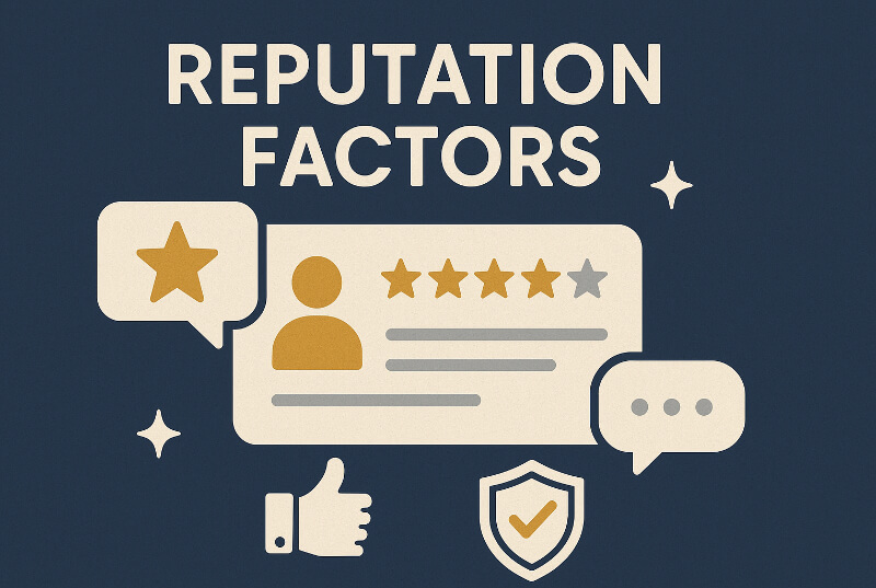 Flat-style illustration of a review card with star ratings, thumbs-up icon, shield with a checkmark, and speech bubbles under the bold title 'Reputation Factors' on a dark blue background.